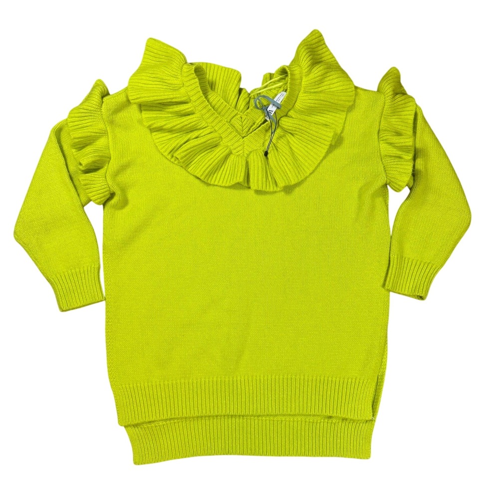Zara‎ Dopamine Dressing Neon Lime Green Ruffle VNeck Sweater Long Sleeve XS S